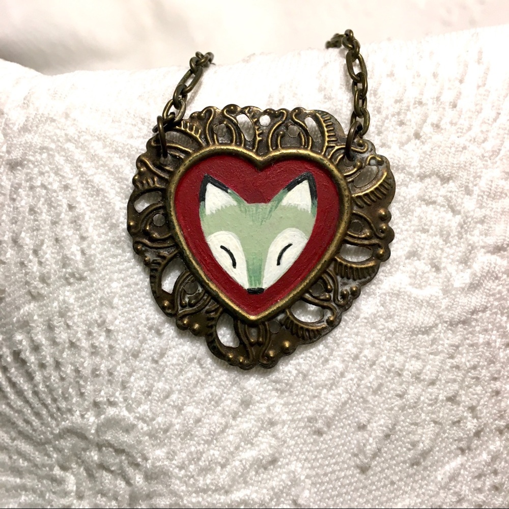 Adorable hand painted Fox in a heart necklace